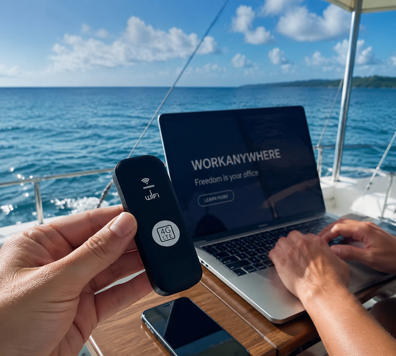 LinkGo 4G en uso en un barco, con laptop y vista al mar