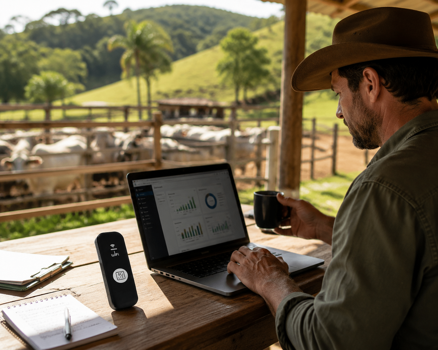 LinkGo 4G en uso en un rancho, con laptop y ganado de fondo