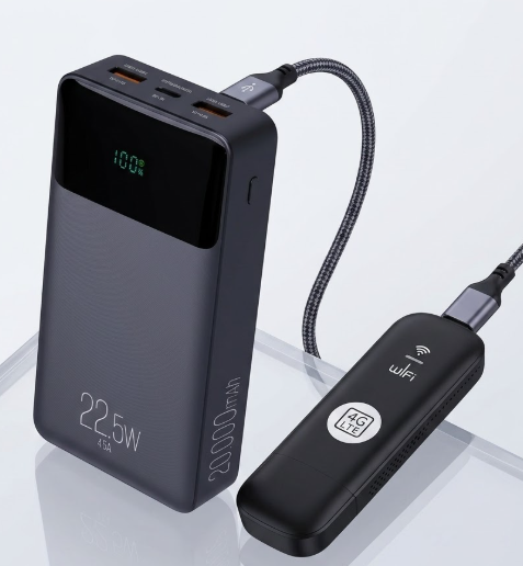 LinkGo 4G conectado a un power bank, listo para usar en cualquier lugar